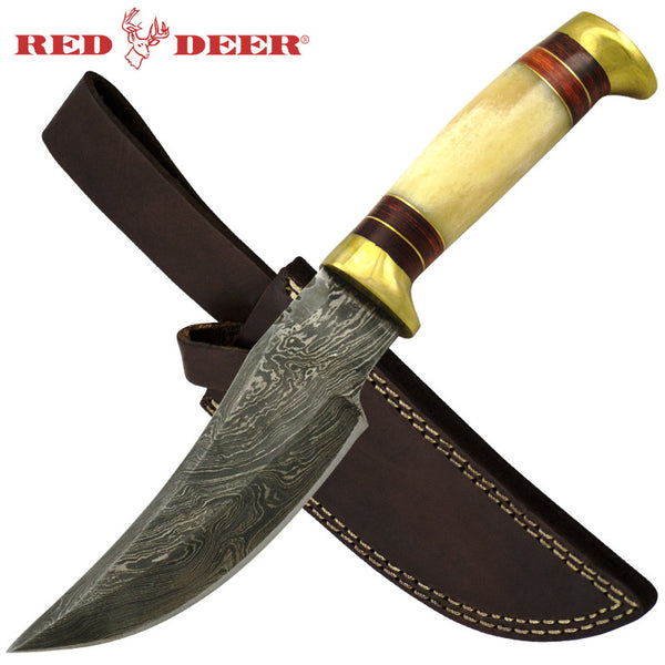 Red Deer 9.5 Inches Damascus Hunting Knife With Tan Bone Handle