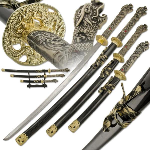 Fingerhut - SZCO Supplies 3-Pc. Dragon Samurai Sword Set with Stand