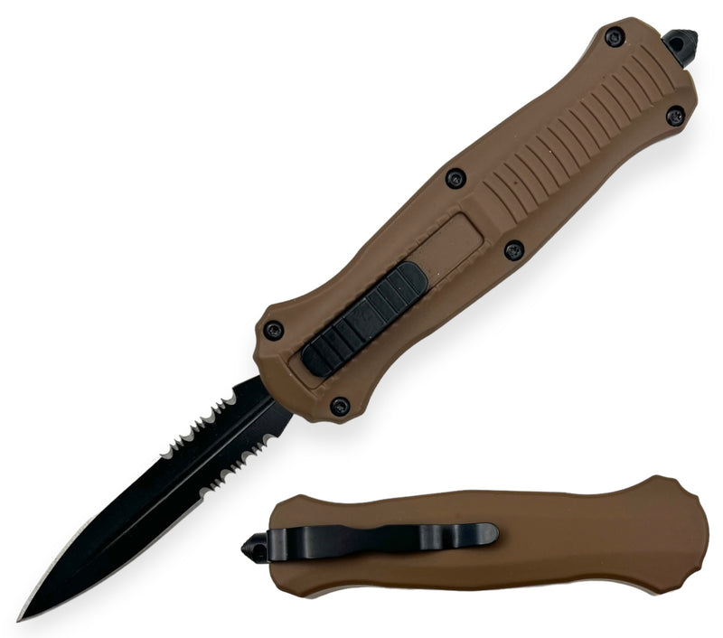 7.75 inch Otf Brown Double Blade Half Serrated  Blade w/ Nylon Sheath