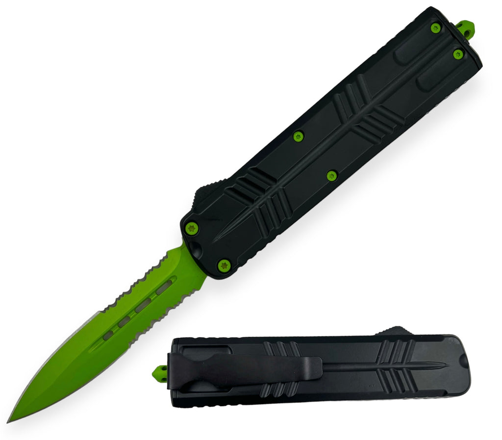 9.5 OTF Knife Double Blade Half Serrated  Green Butterfy Handle Style