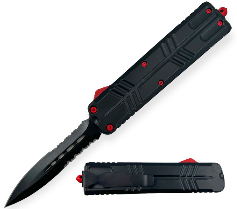 9.5 OTF Knife Double Blade Half Serrated Red   Butterfy Handle Style