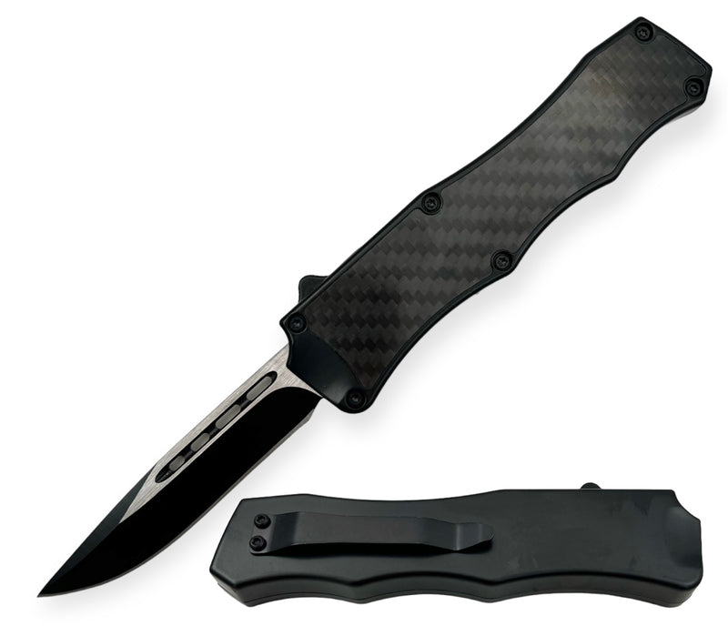 8.0 inch Air Craft Handle Otf Drop Point  Half Serrated Carbon Fiber Insert Black