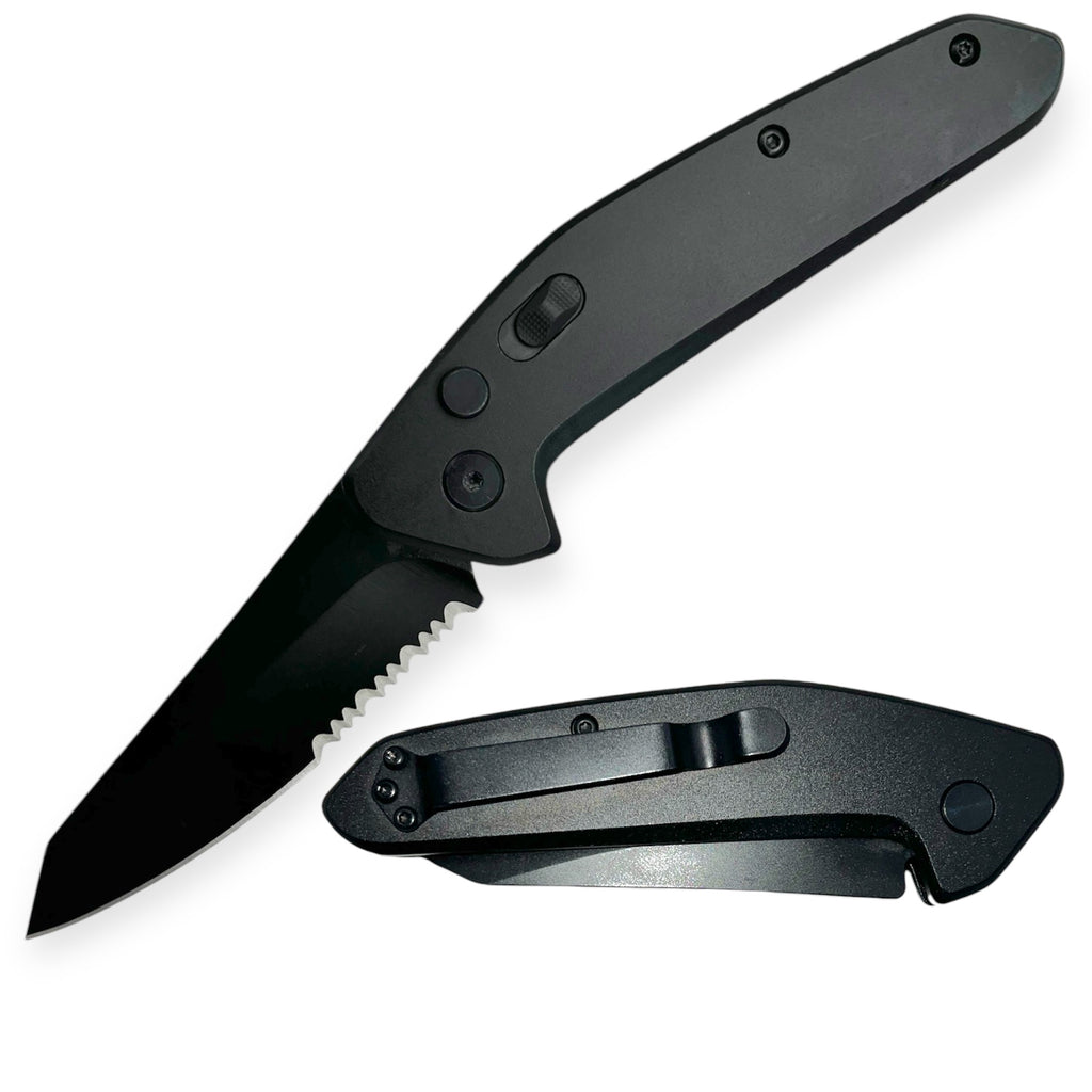 Tactical Side Open Full Auto With Safety Folding  knife Half Serrated Black CNC Machined