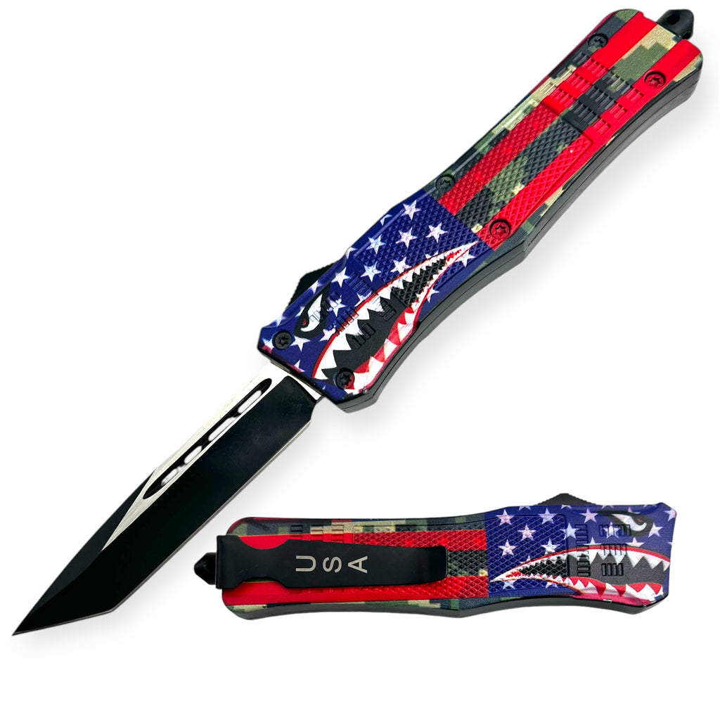 9.5 inch Heavy Duty Shark Mouth American Flag Camo  OTF Automatic Knife Tanto