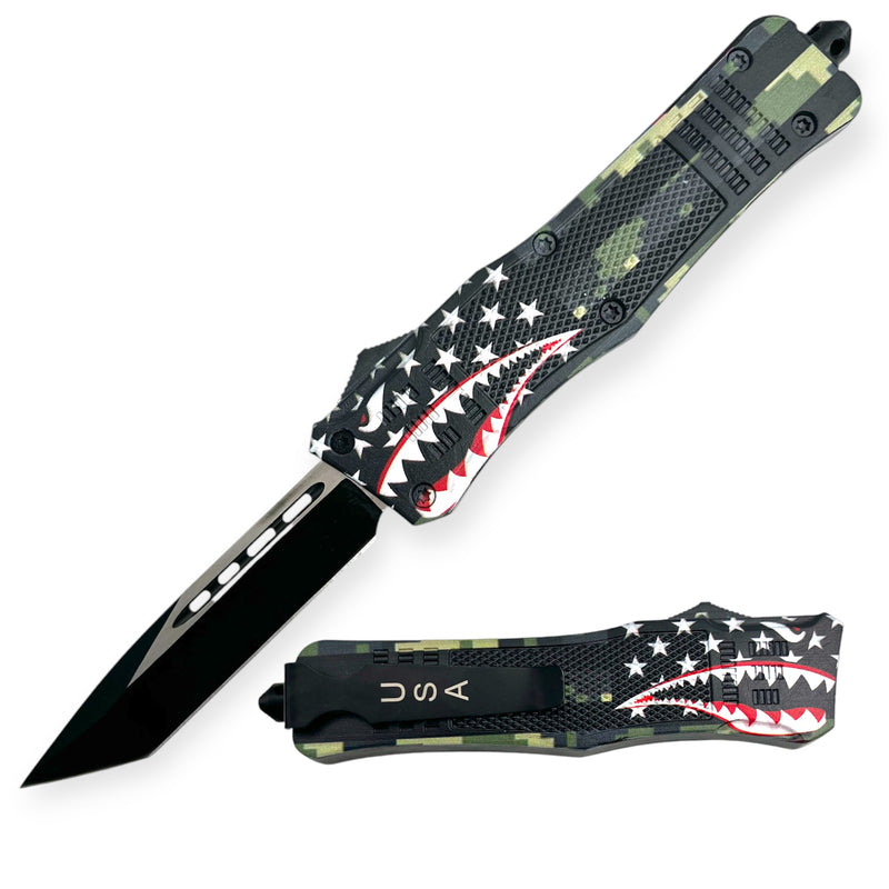 9.5 inch Heavy Duty Shark Mouth Green Camo   OTF Automatic Knife Tanto