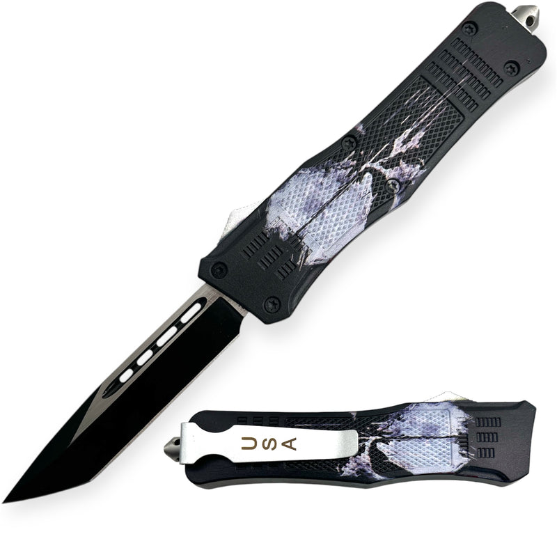 9.5 inch Heavy Duty OTF Black with Skull  Tanto