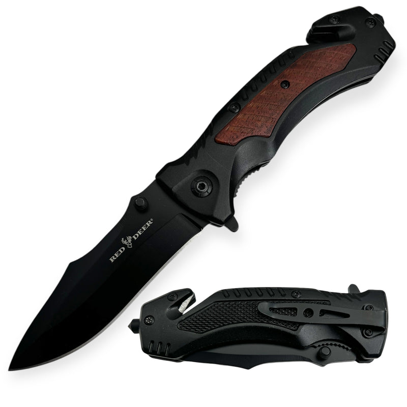 Red Deer® Black Handle Knife With A Touch of Dark Wood Seatbelt Cutter