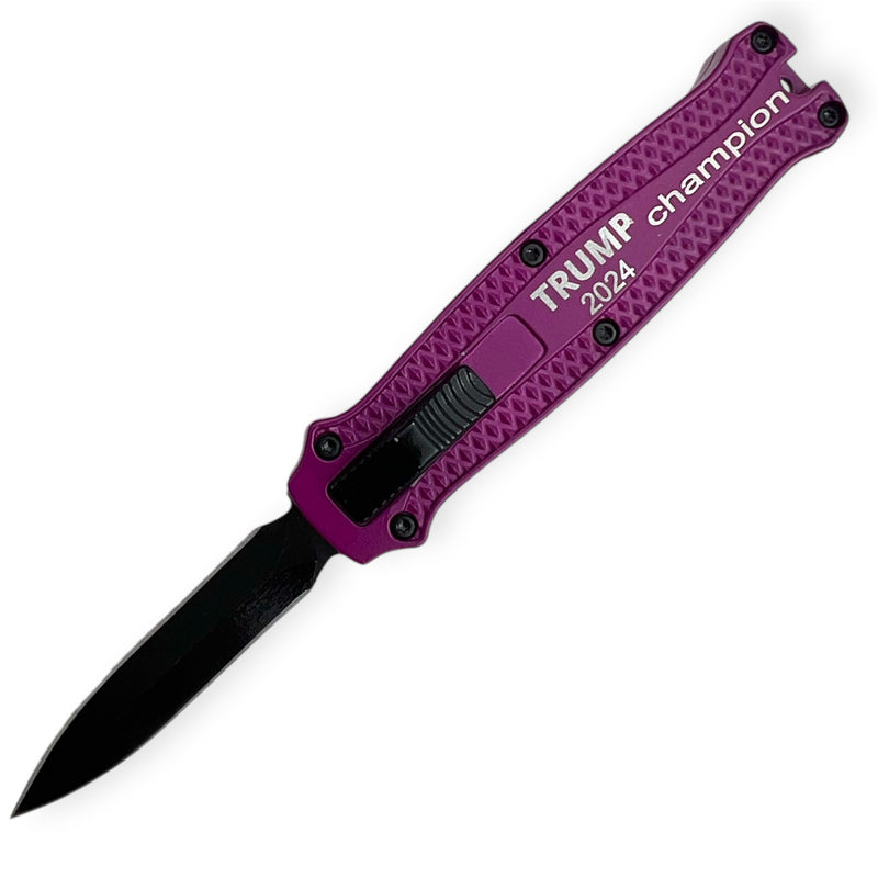 Mighty Mini OTF Pocket Knife Lightweight Aluminum Handle -Purple Trump 2024 Champion