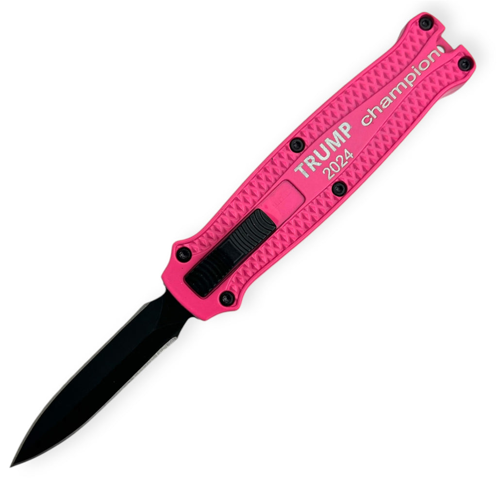 Mighty Mini OTF Pocket Knife Lightweight Aluminum Handle -Pink Trump 2024 Champion