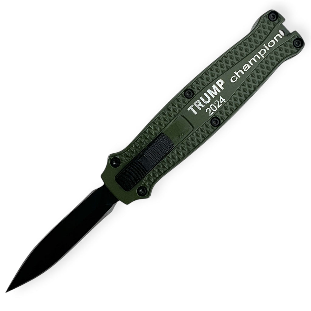 Mighty Mini OTF Pocket Knife Lightweight Aluminum Handle -Dark Green Trump 2024 Champion