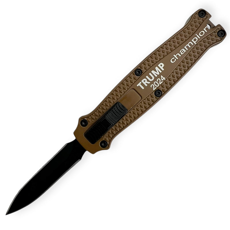 Mighty Mini OTF Pocket Knife Lightweight Aluminum Handle -Brown  Trump 2024 Champion