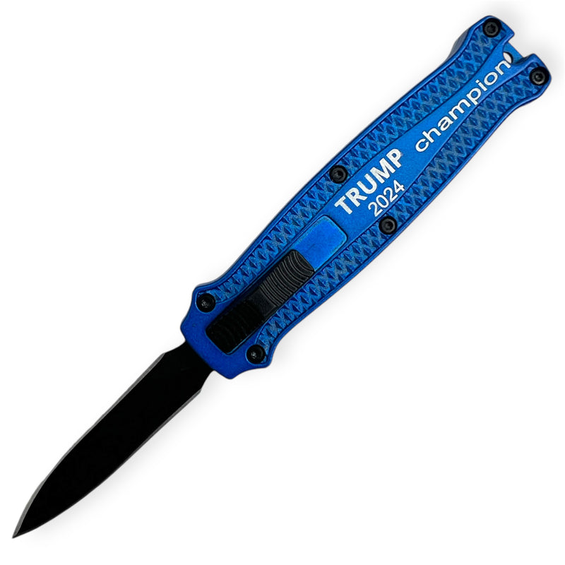 Mighty Mini OTF Pocket Knife Lightweight Aluminum Handle -Blue  Trump 2024 Champion