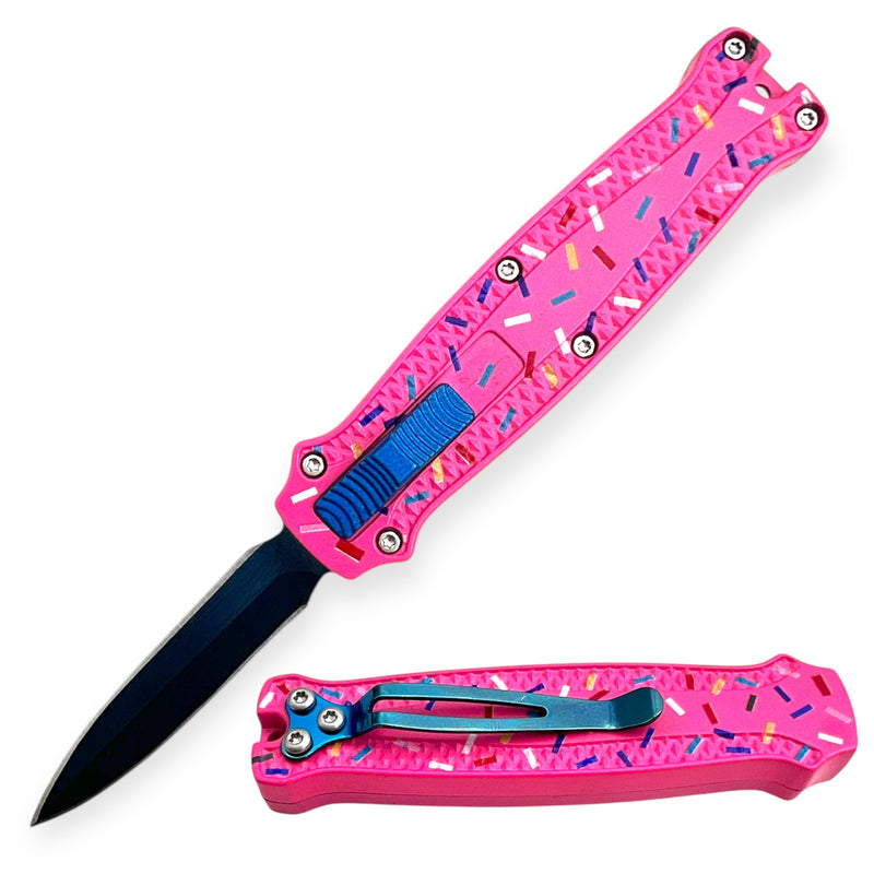 Mighty Mini OTF Pocket Knife Lightweight Aluminum Handle -Pink  W/ Sprinkles