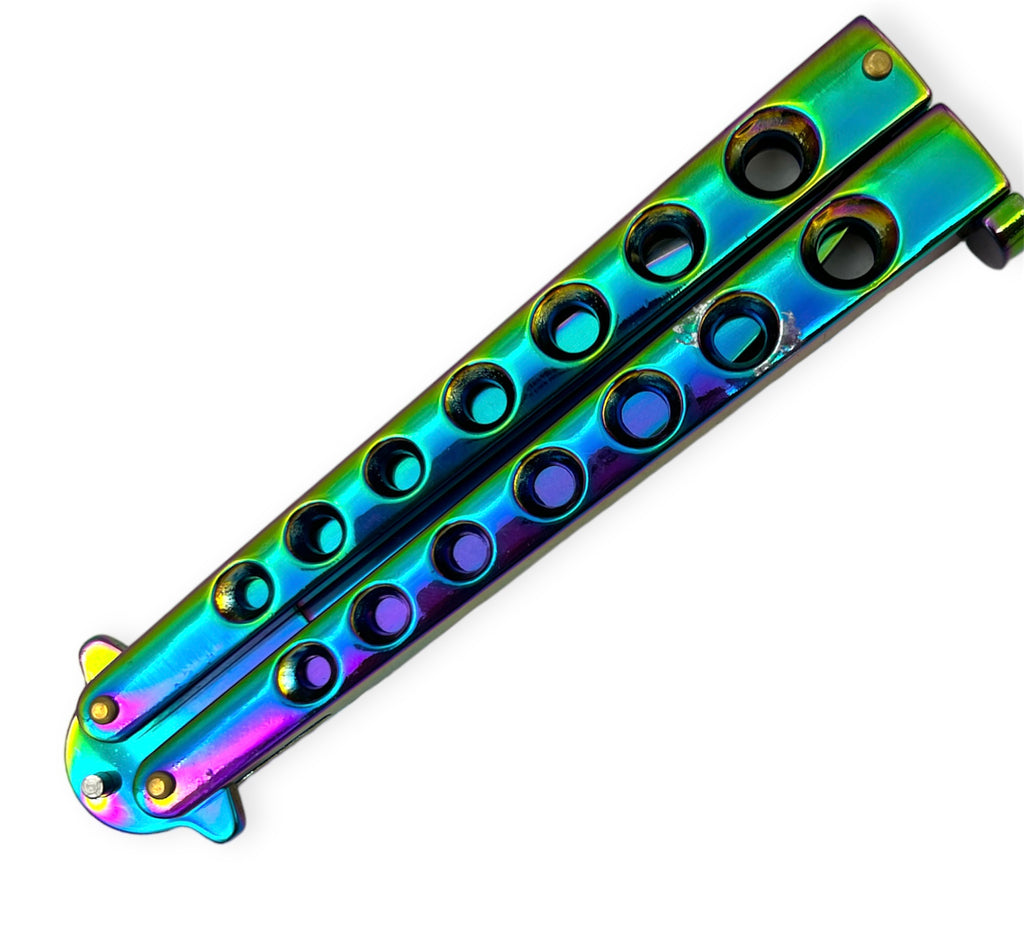 Rainbow Butterfly Knife - Stainless Steel Blade, Skeletonized Handle