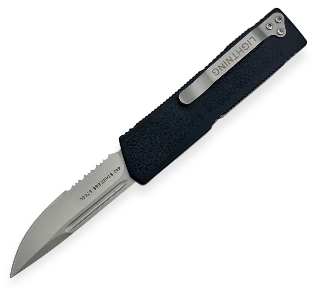 Lighting OTF Knife Black Drop Point Half Serrated