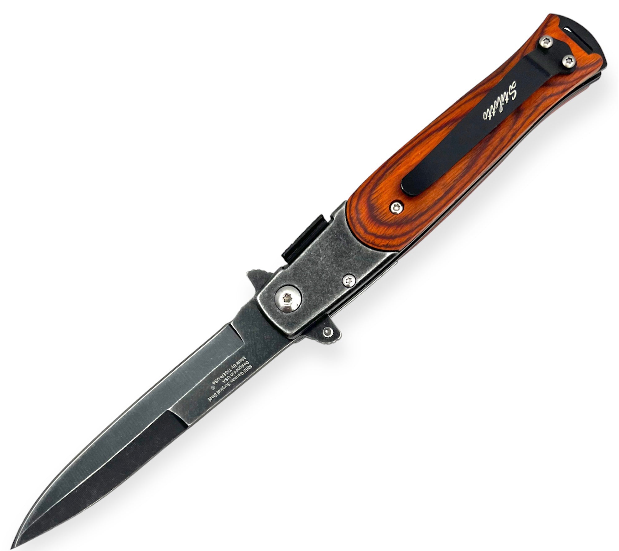 Tiger USA Spring Assisted Stiletto Stone wash Knife Wood – Panther ...