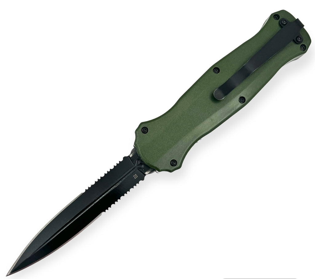 OTF Knife Double Blade Half Serrated Green