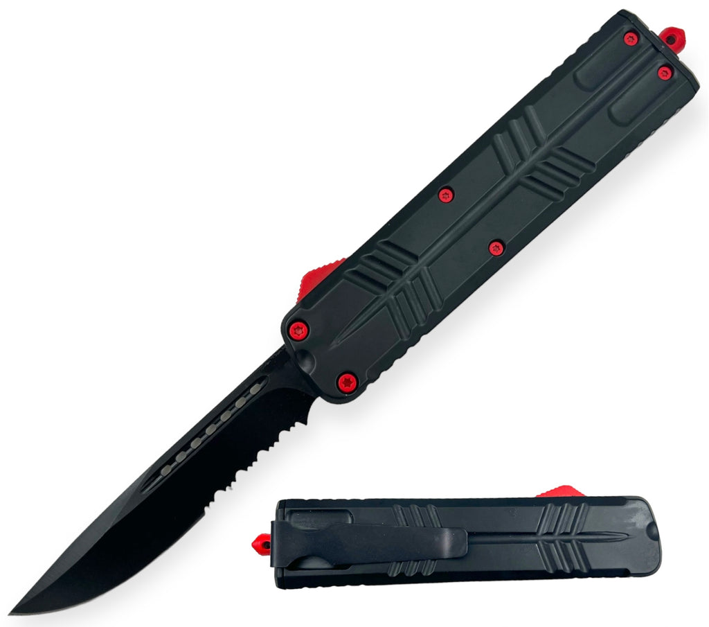 9.5 OTF Knife Drop Point Half Serrated Red   Butterfy Handle Style