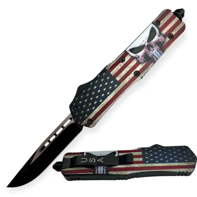 OTF Automatic Knife American Flag  Skull