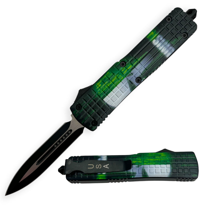 OTF Automatic Knife Green & White Skull