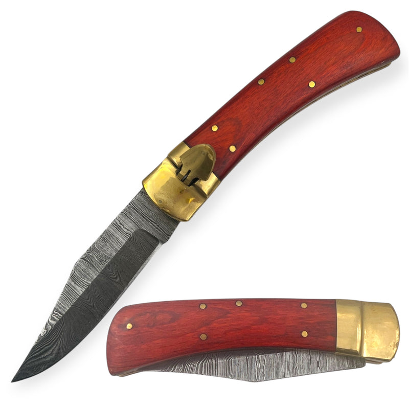 Damascus Leverletto Royal Oak Automatic Side Opening Hand Made Knife red