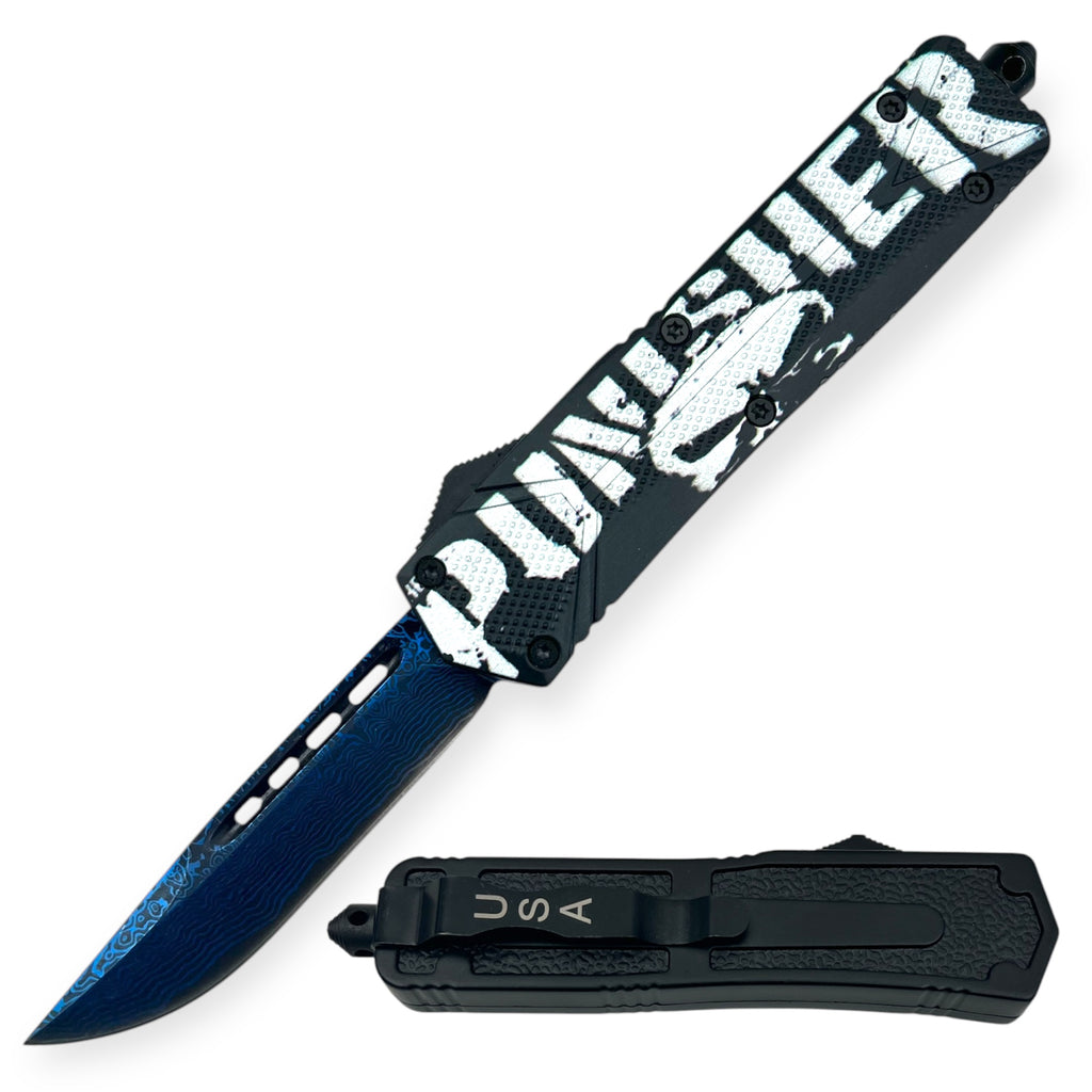 OTF Automatic Knife  Skull Drop Point Blue  Blade