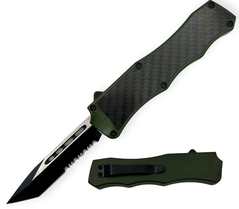 8.0 inch Air Craft Handle Otf Tanto  Half Serrated Carbon Fiber Insert Green