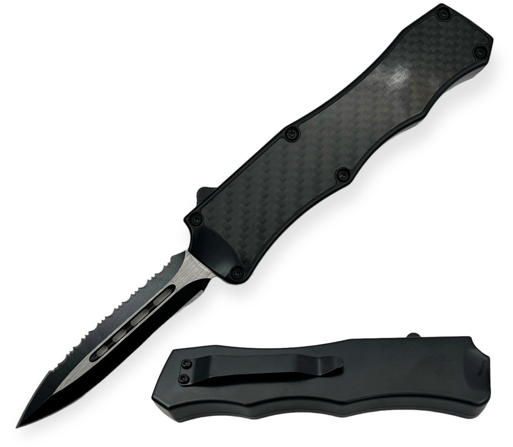 8.0 inch Air Craft Handle Otf Double Blade One Side Serrated Carbon Fiber Insert Black