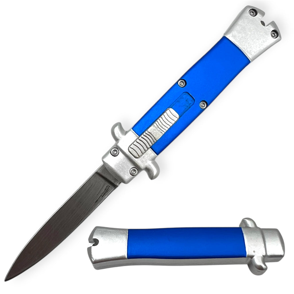 Mini OTF Pocket Knife Lightweight Aluminum Handle - Blue