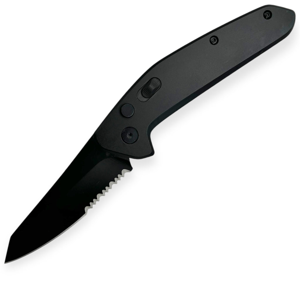 Tactical Side Open Full Auto With Safety Folding  knife Half Serrated Black CNC Machined