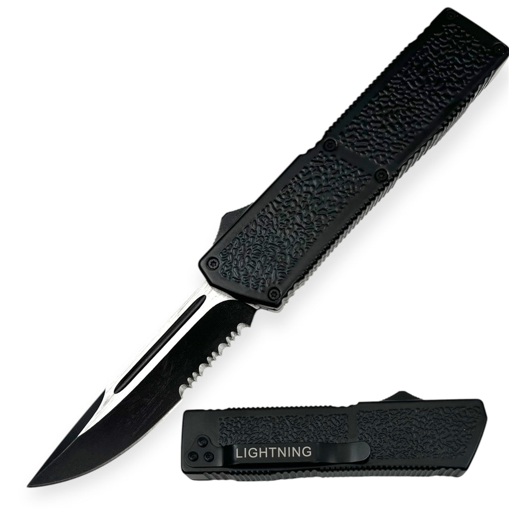 Lighting Action Assisted Knife Drop  Point Half Serrated Black OTF