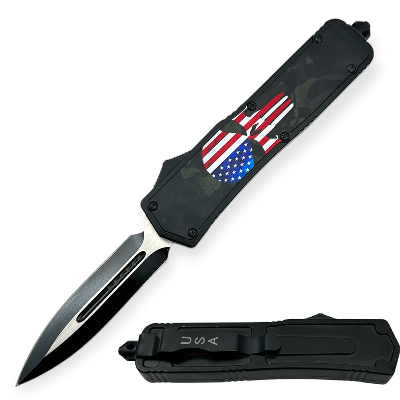 OTF Automatic Knife American Flag  Skull Double Blade