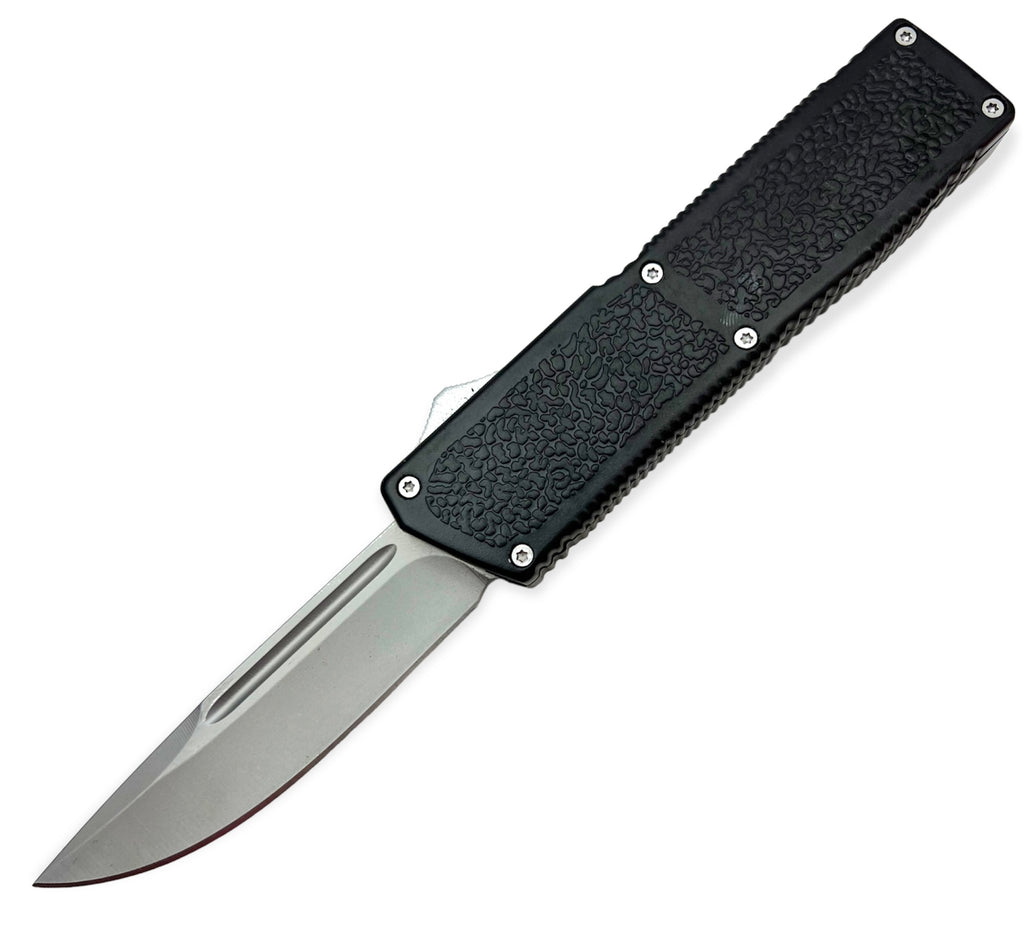 Lighting Action Assisted Knife Drop Point Black Handle Silver Blade OTF