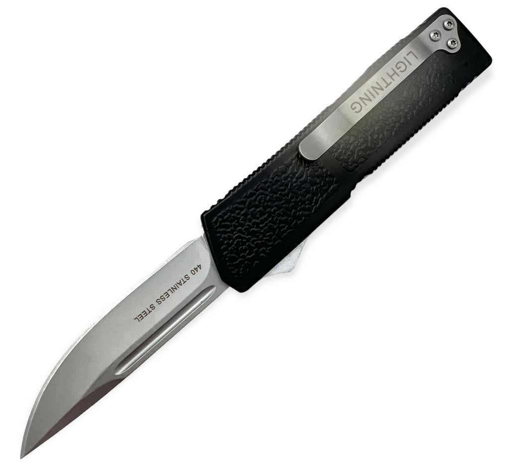 Lighting Action Assisted Knife Drop Point Black Handle Silver Blade OTF