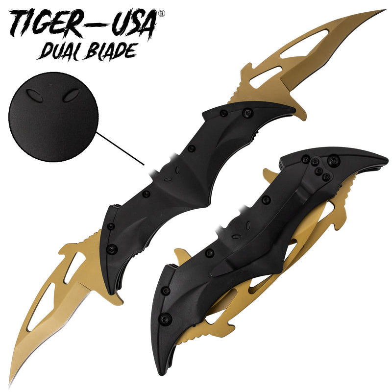 Tiger USA Dual Blade Spring Action Knife Black Gold