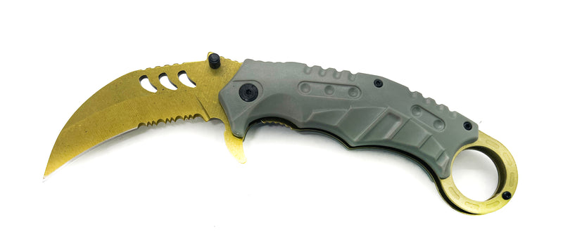 Tiger-USA Dual-Colored Karambit Style Knife -  Grey Handle Yellow knife