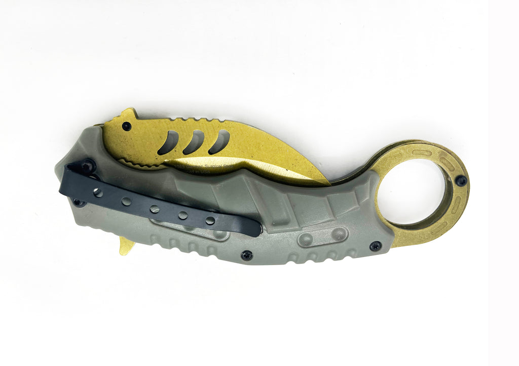 Tiger-USA Dual-Colored Karambit Style Knife -  Grey Handle Yellow knife